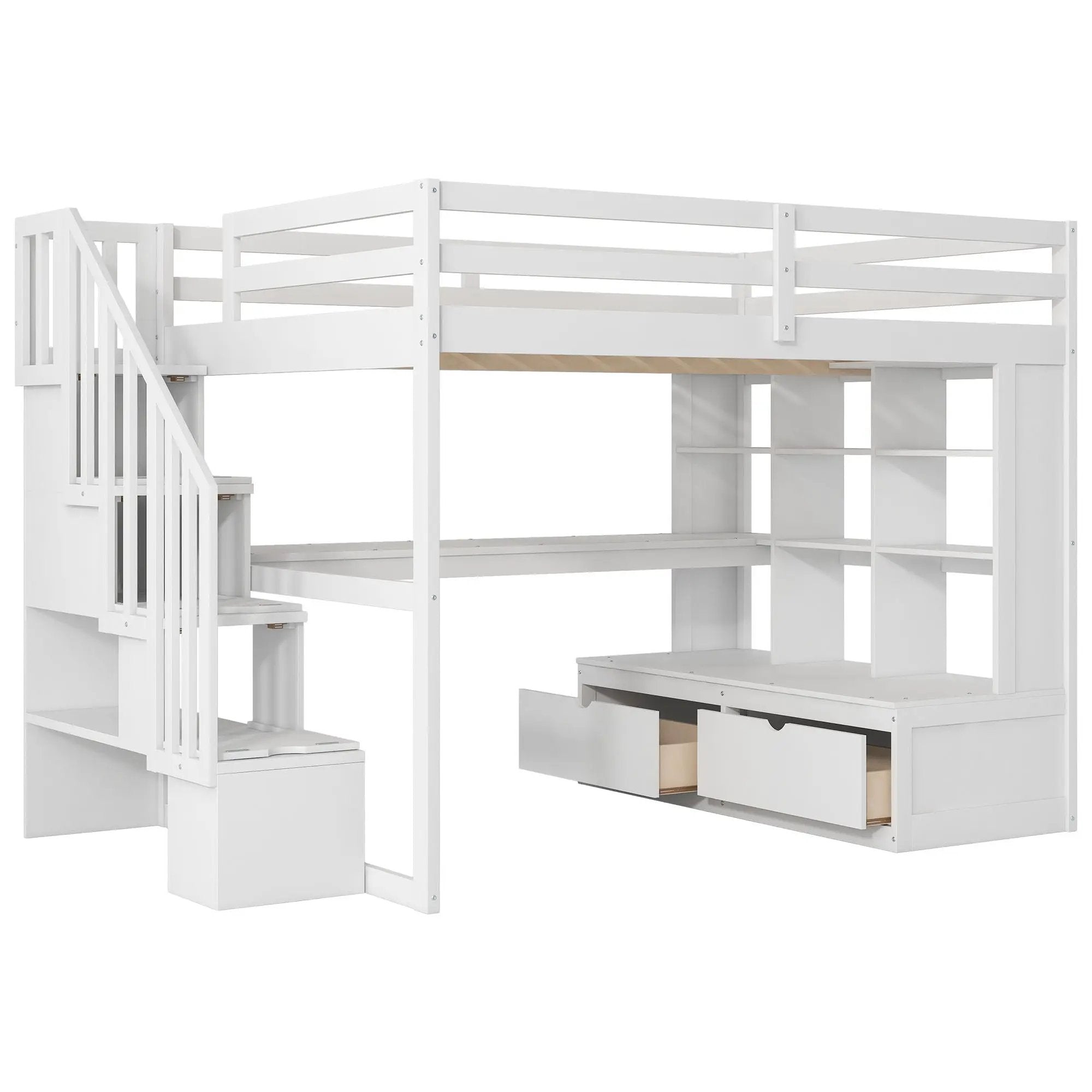 Full Size Loft Bed With Desk And Shelves, 2 Built In Drawers, Storage Staircase - White by Unique Piece Furniture