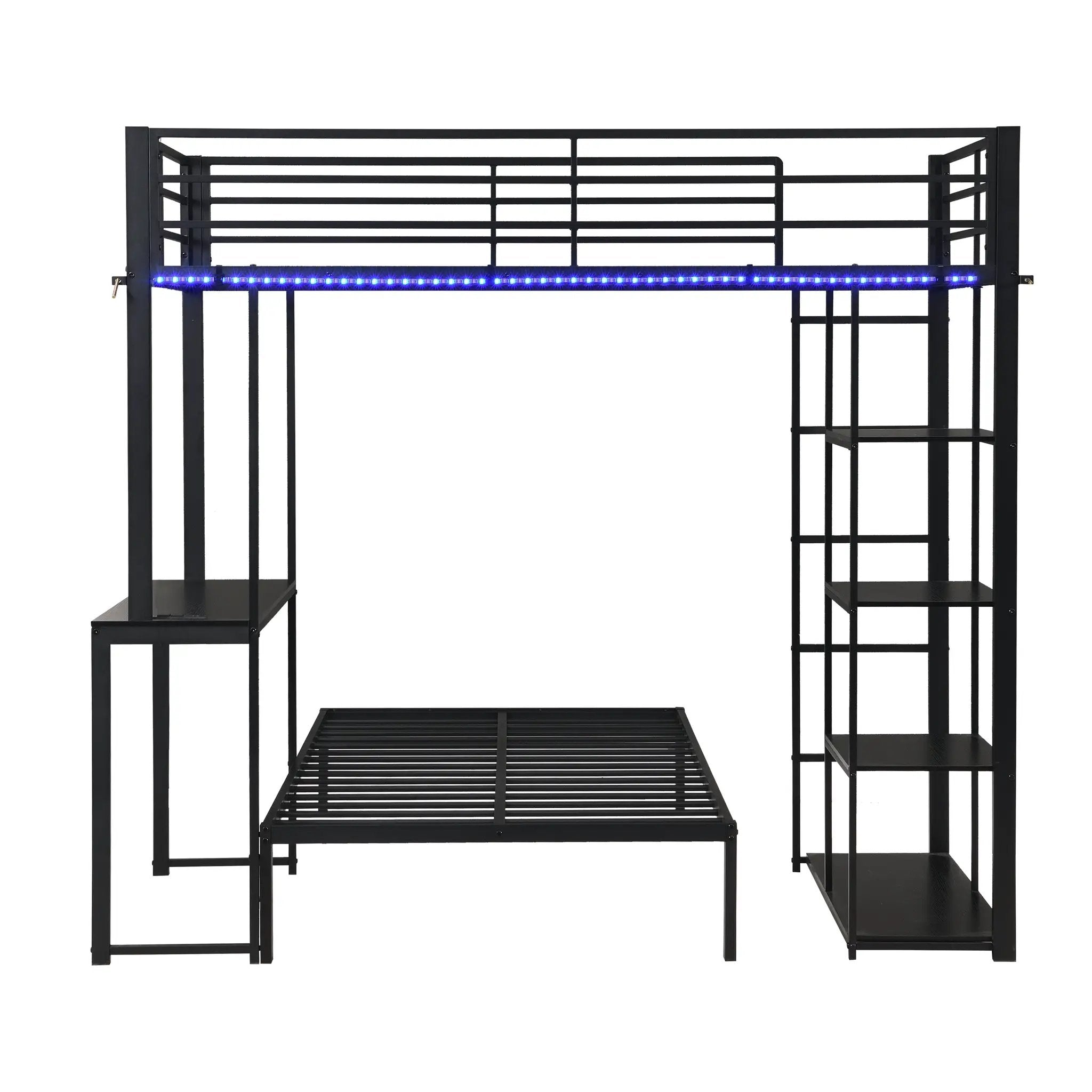 Metal Loft Bed Frame with LED Light Strip, Side Storage Shelves & Built-in Desk by HouseOfZazla