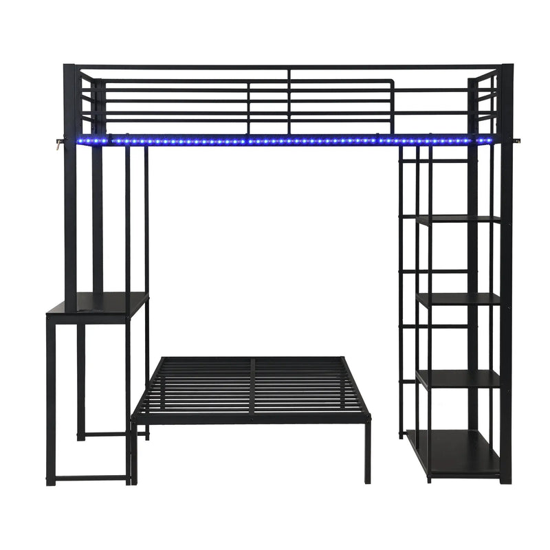 Metal Loft Bed Frame with LED Light Strip, Side Storage Shelves & Built-in Desk by HouseOfZazla