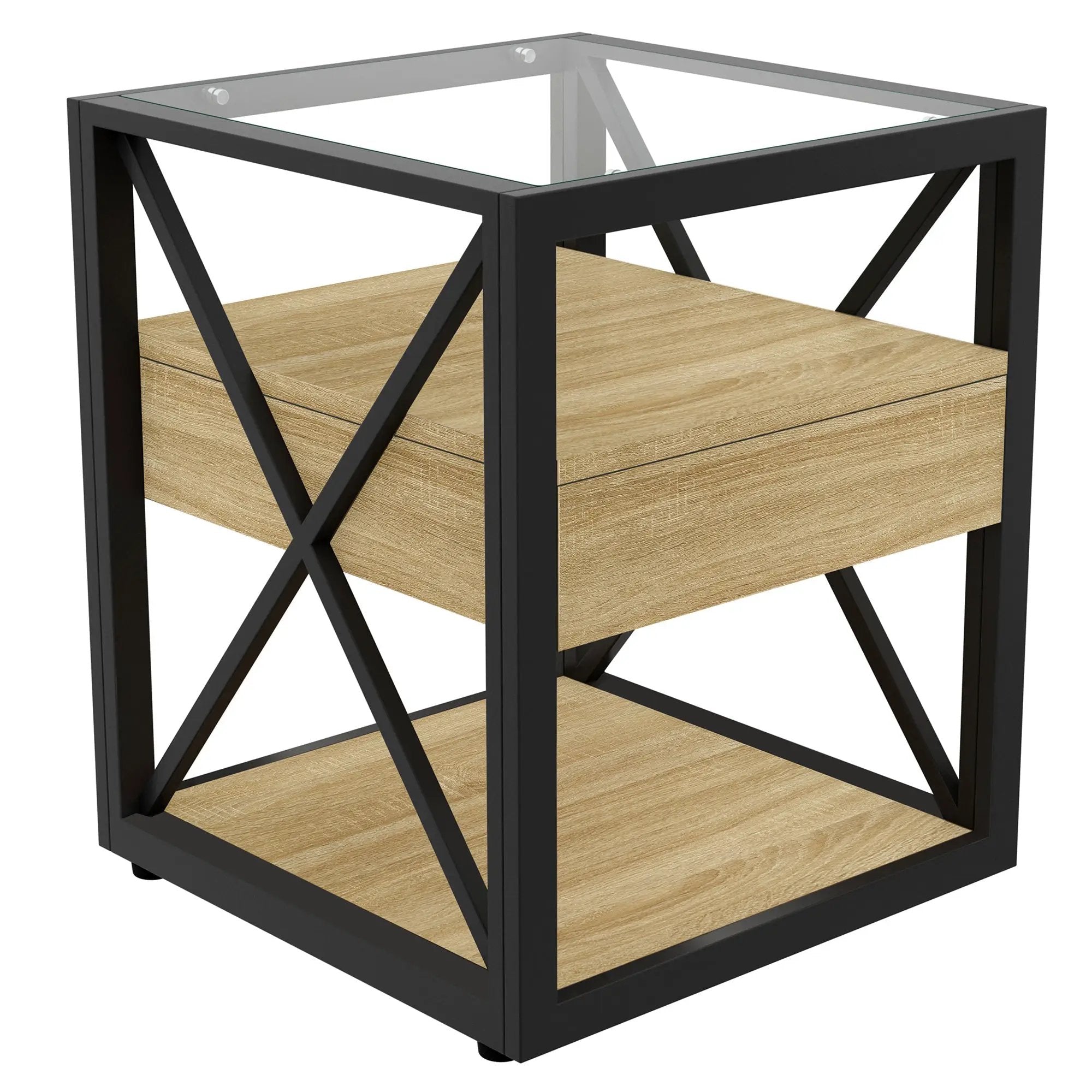 1 Piece Modern End Table with Drawer - Natural Wood & Tempered Glass by HouseOfZazla
