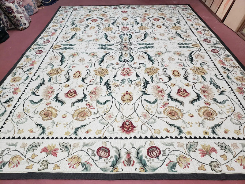 New Needlepoint Rug 9x12, Hand Woven Wool Area Rug, Flatweave Carpet, Handmade Chinese Needlepoint, Floral European Design, Ivory Background by Jewel Rugs