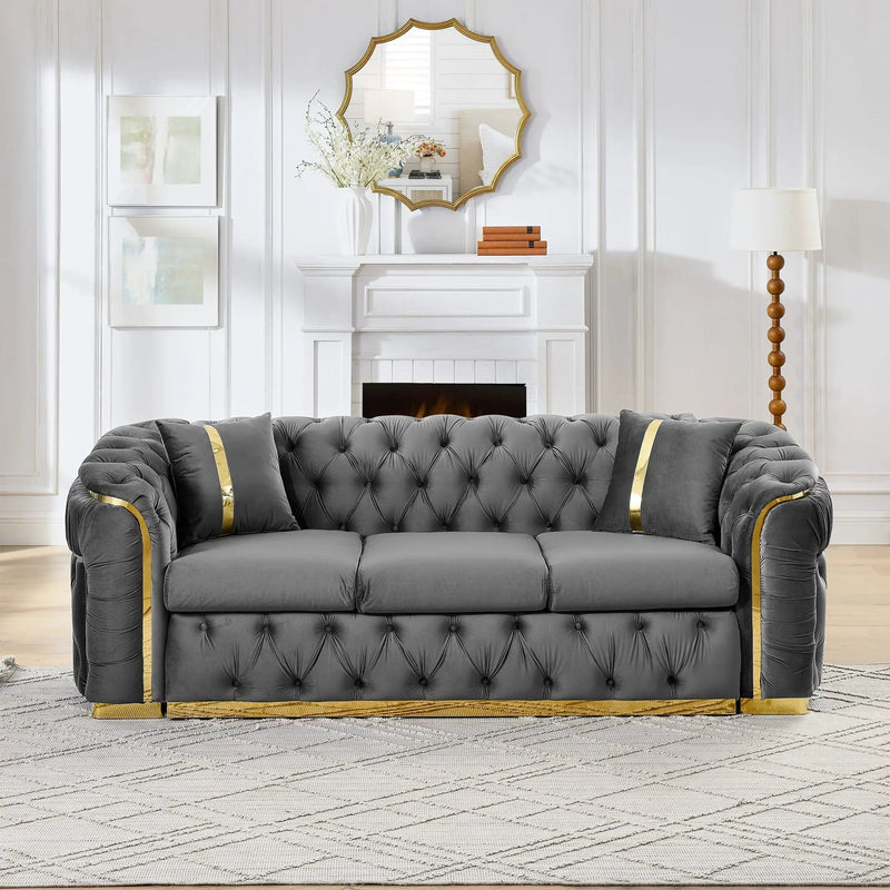 Button Tufted Couch With 2 Pillows, 3 Seater Luxury Chesterfield Sofa by Unique Piece Furniture
