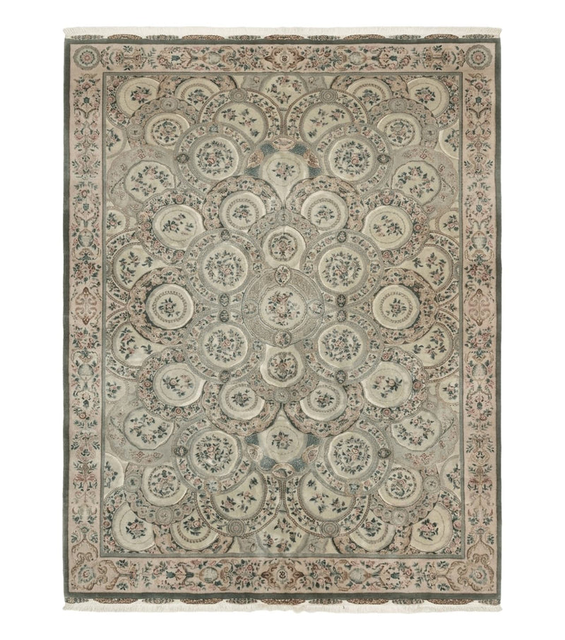 Pak Persian Rug 9x12, Wool with Silk Highlights, European Design, Floral, Green by Jewel Rugs
