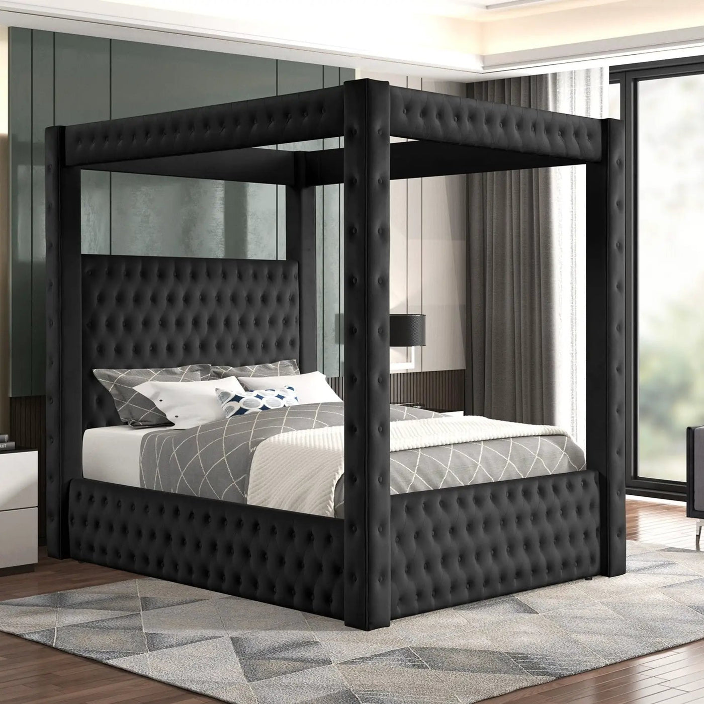 Modern 4 Poster Bed With Tufted Headboard And Footboard by HouseOfZazla