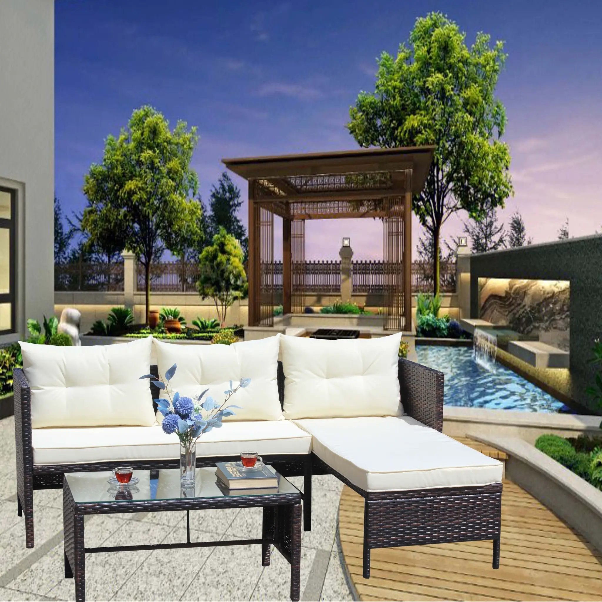 Outdoor Patio Furniture 3-Piece Conversation Set with Wicker Rattan Sectional Sofa by HouseOfZazla