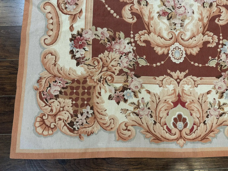 Vintage Needlepoint Rug 6x9, Aubusson Rug, Flatweave Wool Elegant Carpet, Medium Size, French European Design by Jewel Rugs