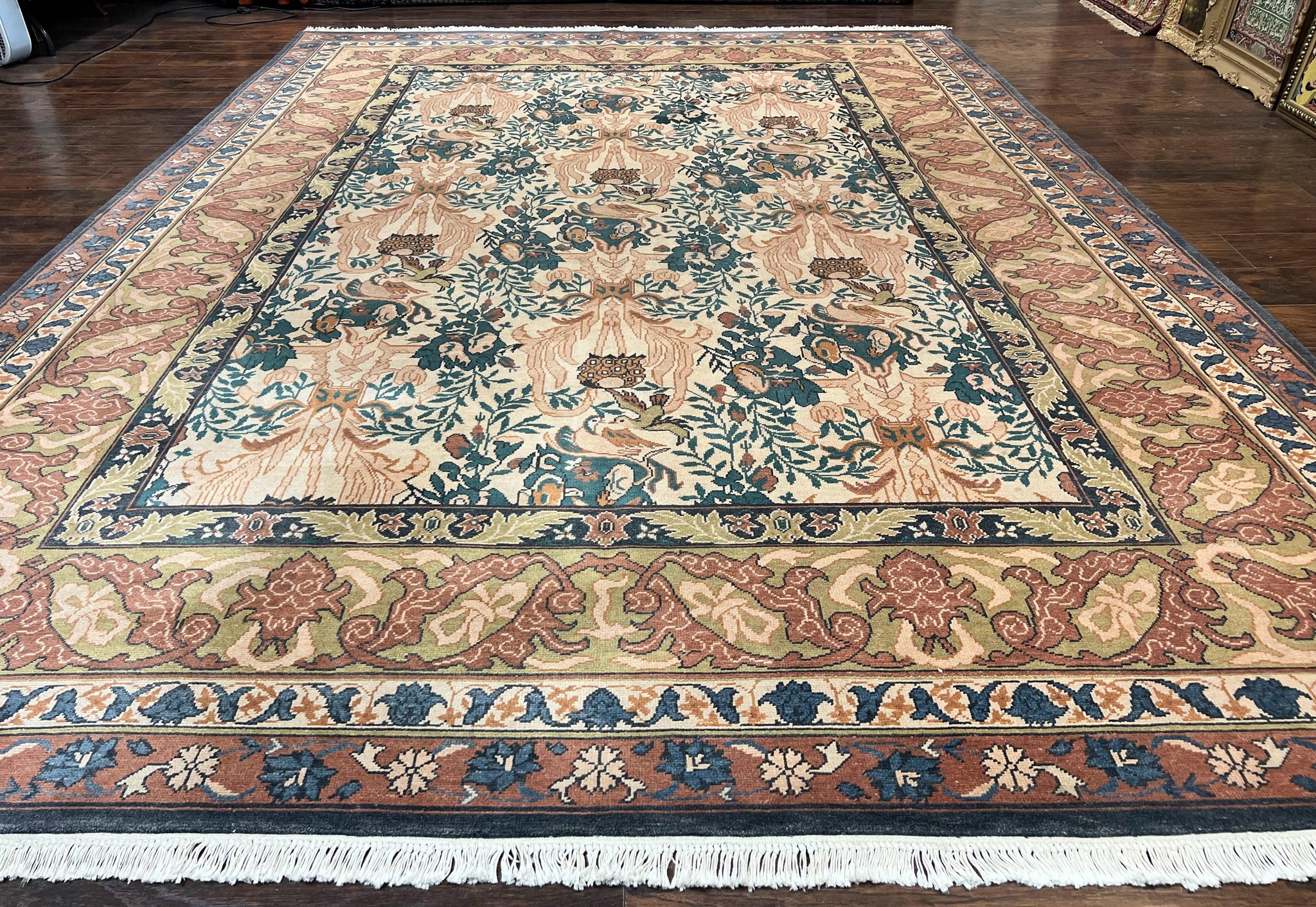 10x13 Wool Rug, Floral Pattern, Birds, Handmade Vintage Carpet, Couristan Rug, Beige by Jewel Rugs