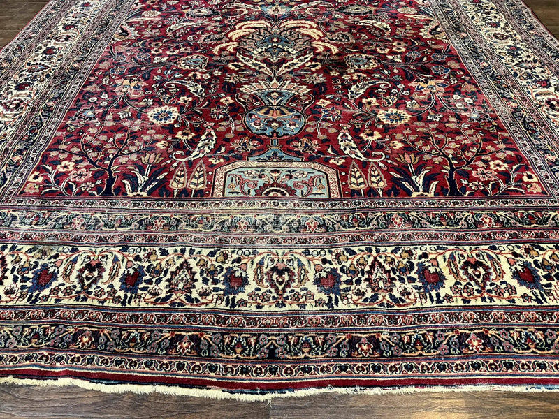 Antique Persian Mashad Rug 10x12, Red and Ivory, Signed by Master Weaver by Jewel Rugs