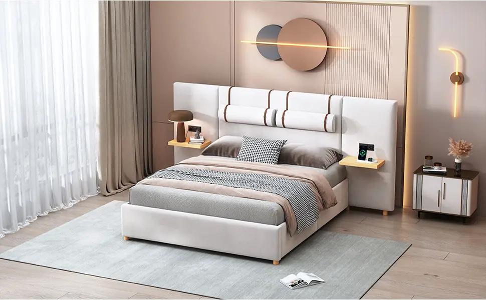 Upholstered Platform Bed, 2 Outlets And USB Charging Ports On Both Sides, 2 Bedside Pillows, Storage Shelves by HouseOfZazla