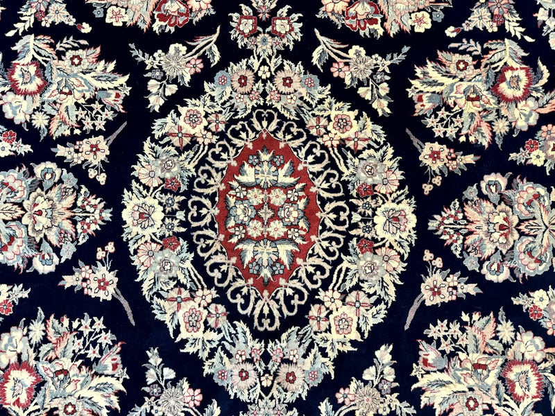 Sino Persian Rug 8x10, Floral Kirman Carpet, Navy Blue and Red, Floral Vases, Handmade Vintage Wool Carpet, 320 KPSI by Jewel Rugs
