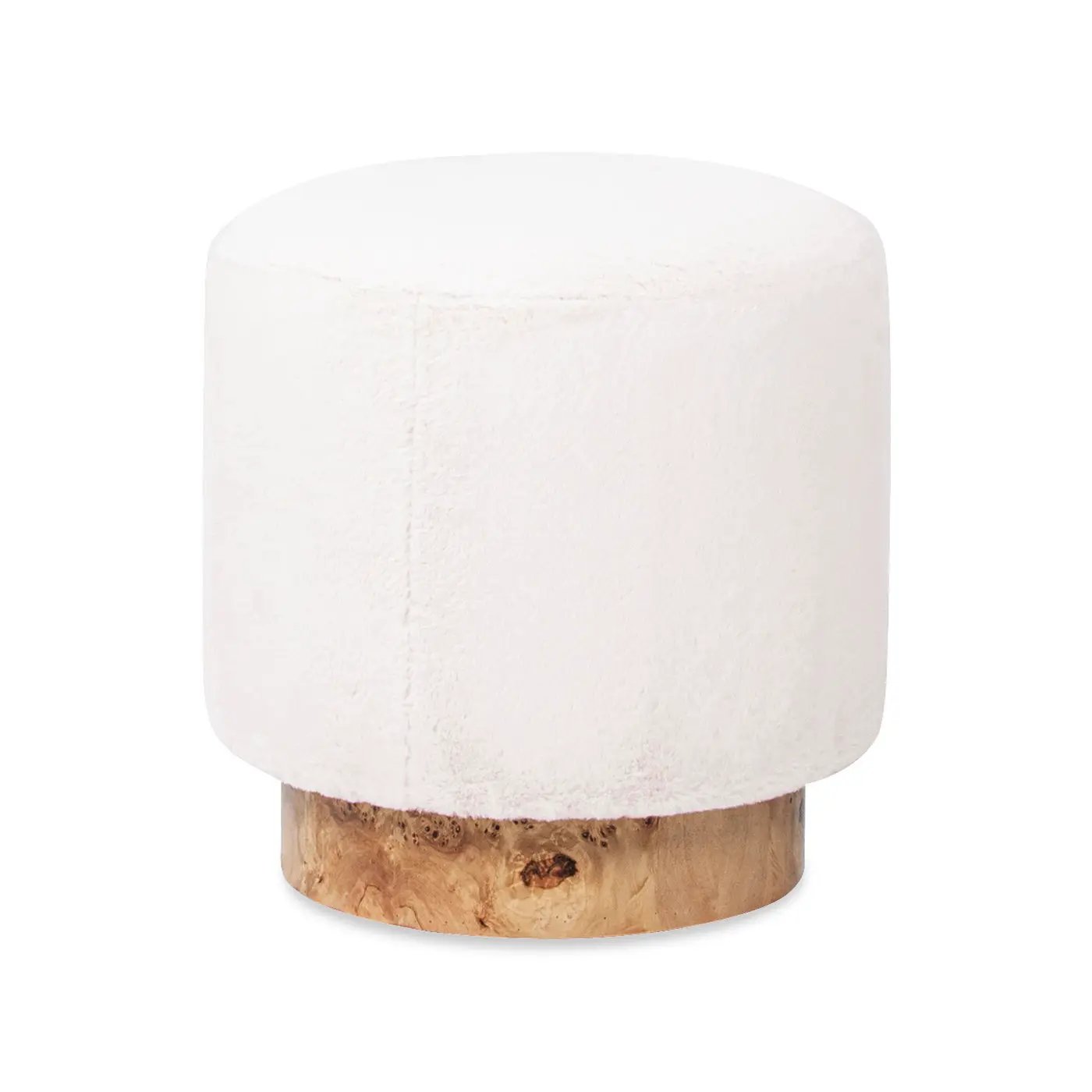 Tilly - Round Fur Upholstered / Burl Pouf Ottoman - White by Unique Piece Furniture