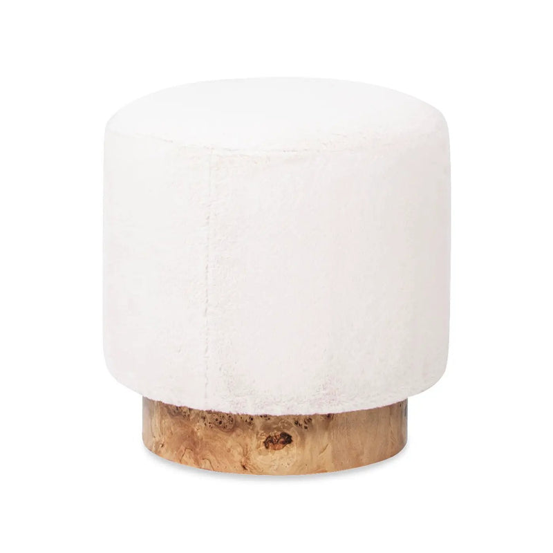 Tilly - Round Fur Upholstered / Burl Pouf Ottoman - White by Unique Piece Furniture