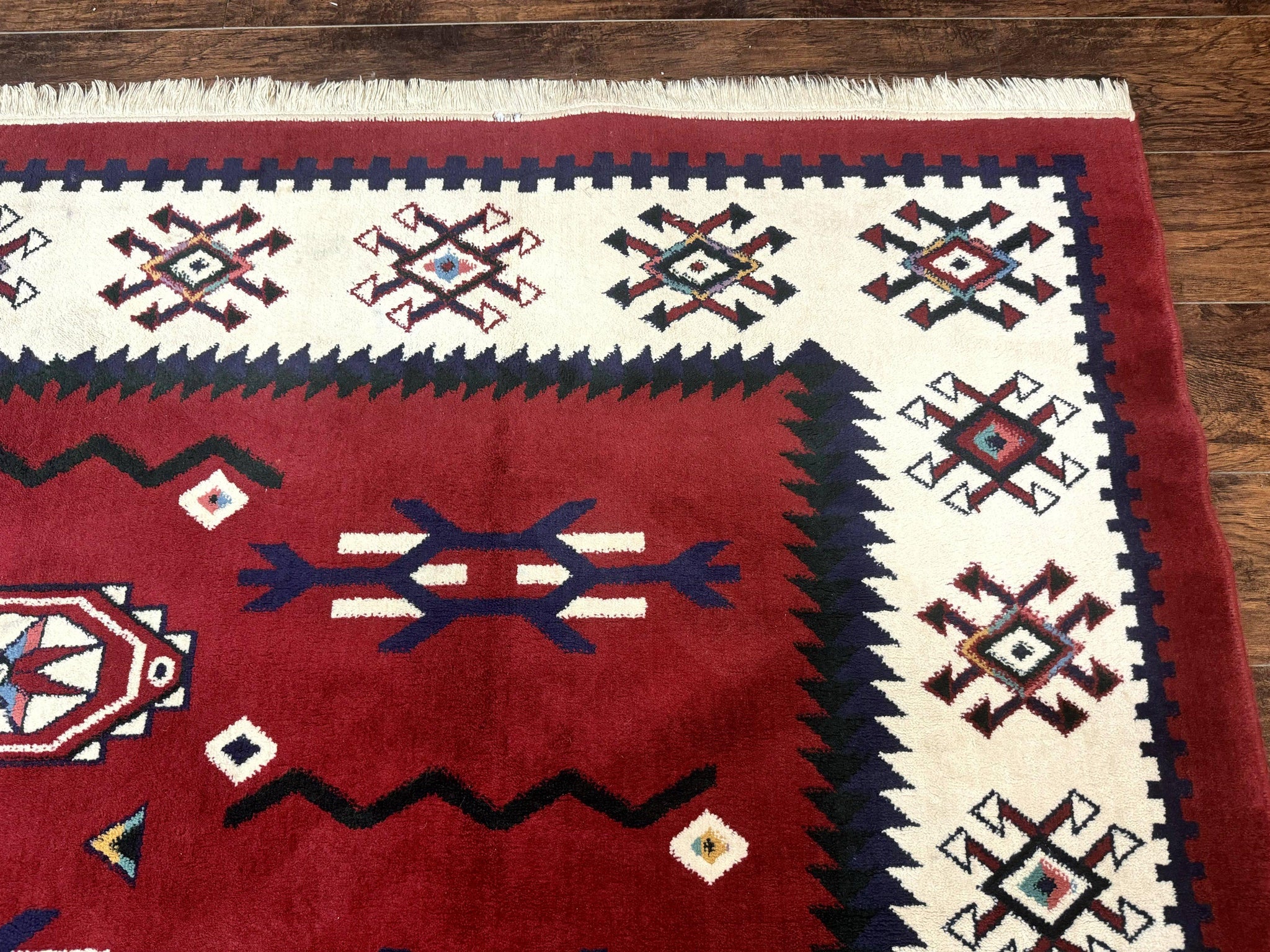 Belgium Power Loomed Rug 8x11, Navajo Native American Design, Dark Red and Ivory, Tribal Rug, Bohemian Carpet by Jewel Rugs