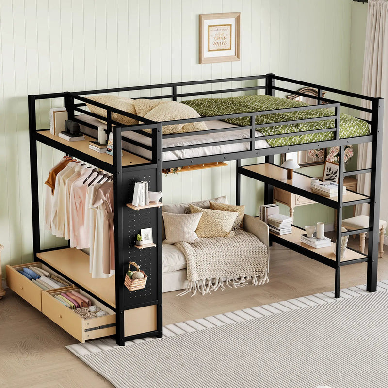 Queen Size Metal Loft Bed Frame with Wardrobe by HouseOfZazla