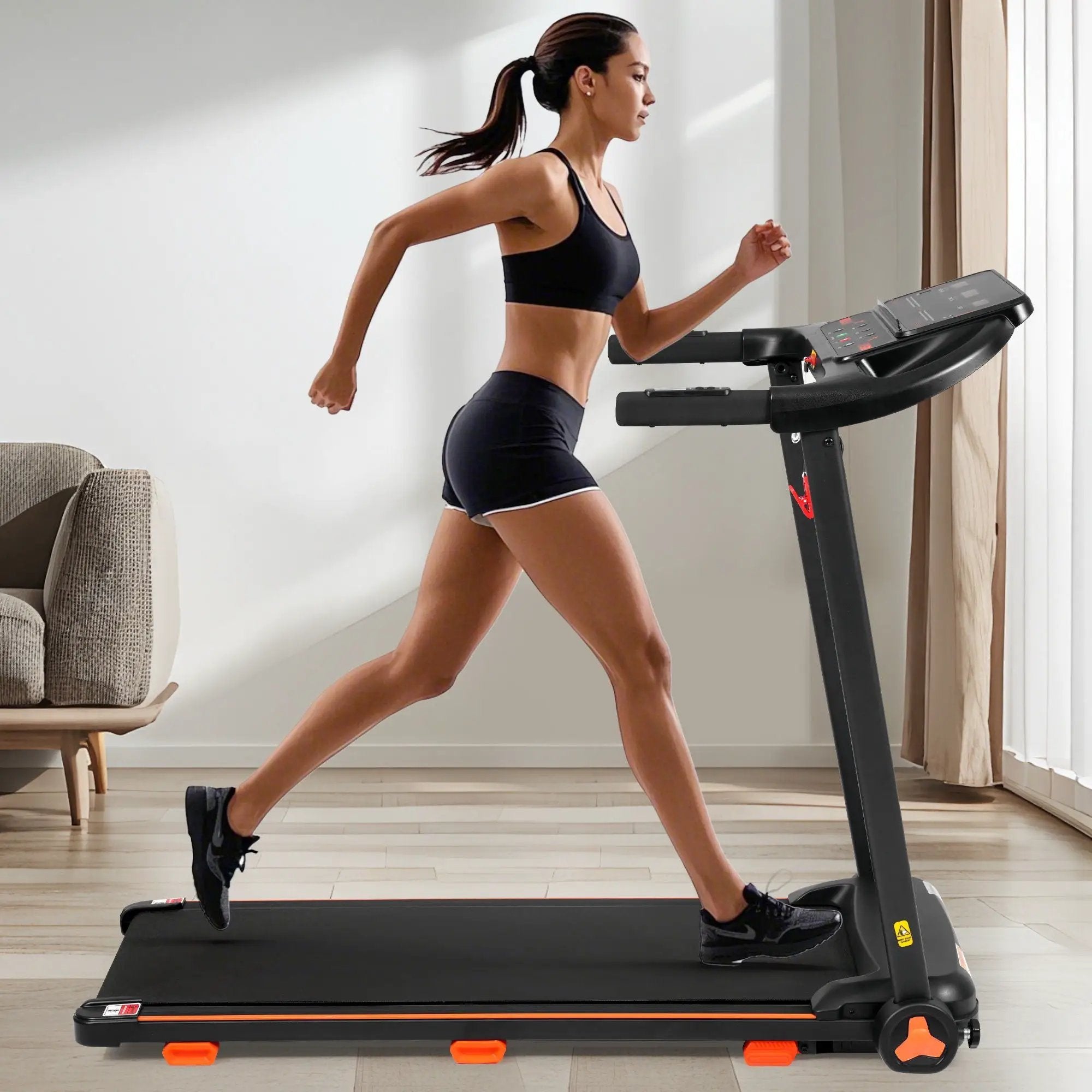 2.5Hp Quiet Folding Treadmill With Heart Rate Sensor, 300Lbs Weight Capacity, With USB Charge Station For Android & Bluetooth Speaker, 6 Shock Absorbing - Black by HouseOfZazla