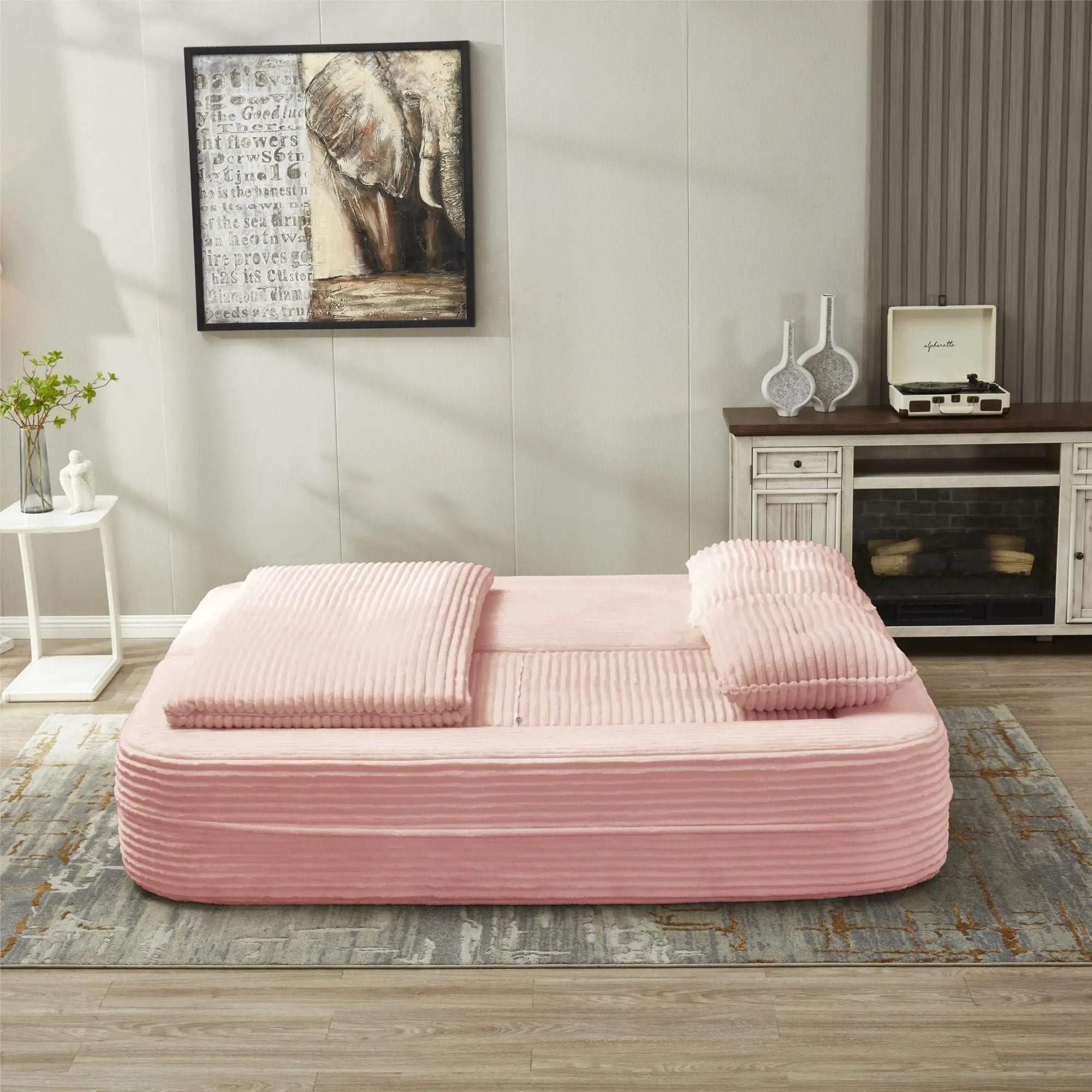 Multi Functional Sectional Sofa Bed With Independent Chaise Lounge And Functional Blanket, Convertible King Size Bed, Deep Seat - Baby Pink by HouseOfZazla