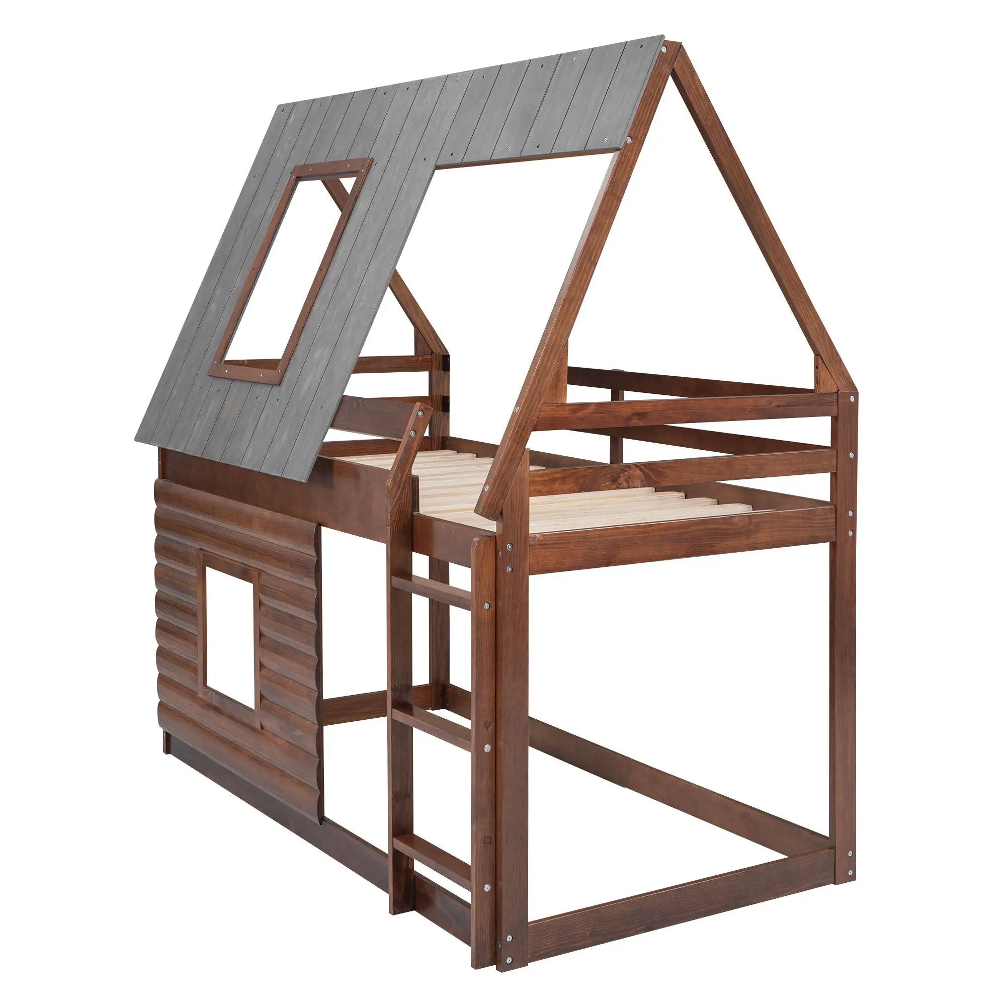 Wood Twin Size House Bunk Bed With Roof, Ladder And 2 Windows - Oak & Smoky Gray by HouseOfZazla