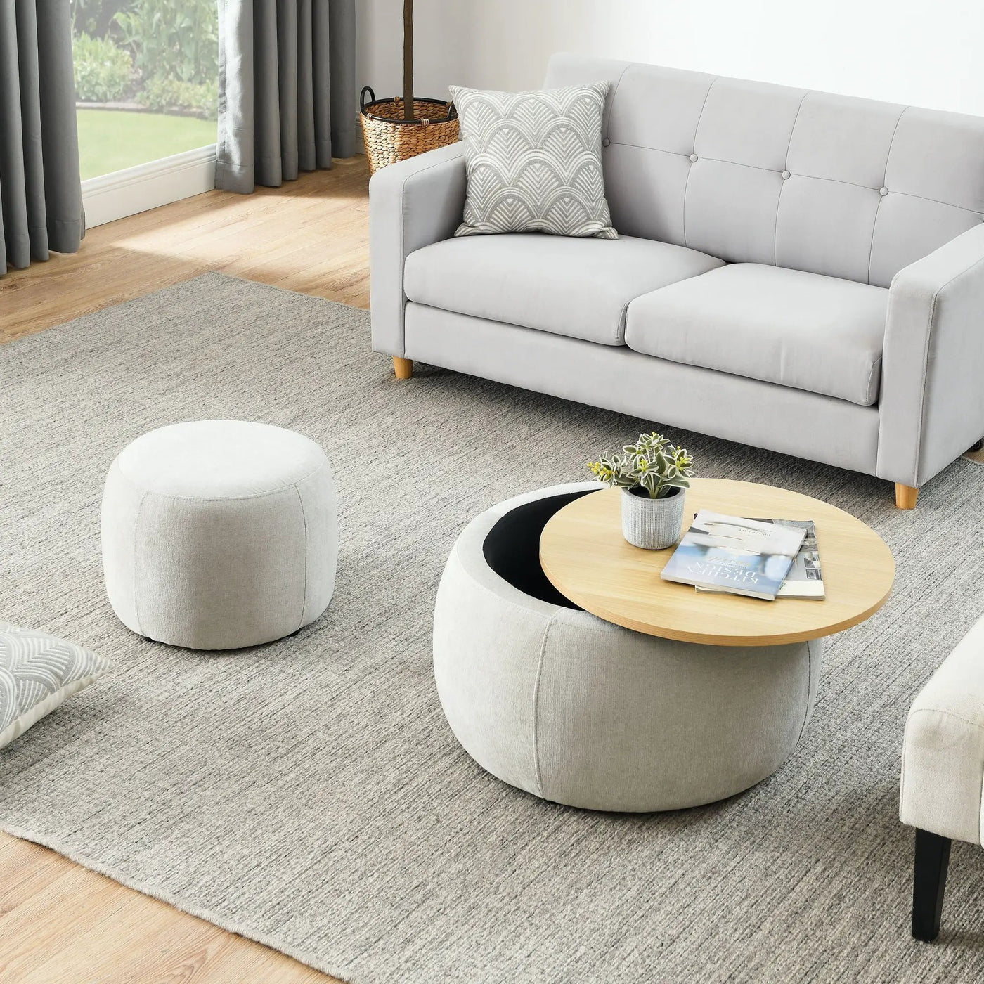 Round Storage Ottoman, 2 In 1 Function, End Table And Ottoman by Unique Piece Furniture