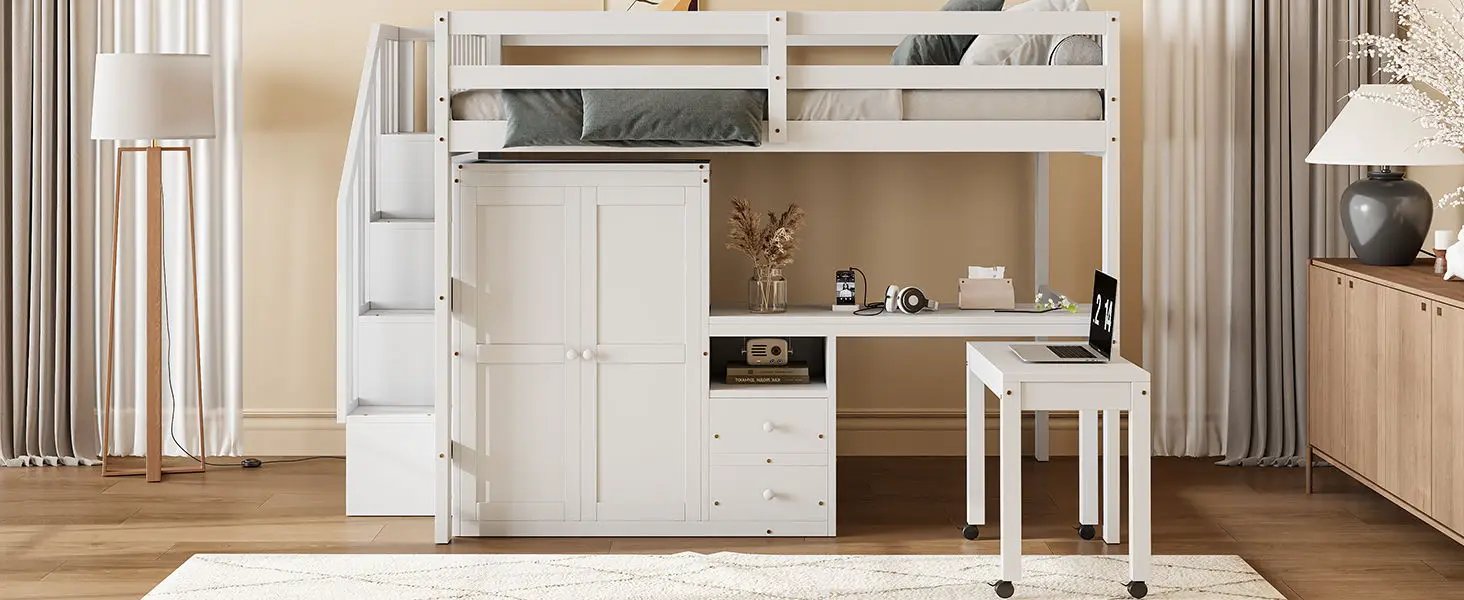 Loft Bed With Stairs, Bookshelf, Drawers, Desk & Wardrobe, Space Saving Multifunctional Furniture by HouseOfZazla
