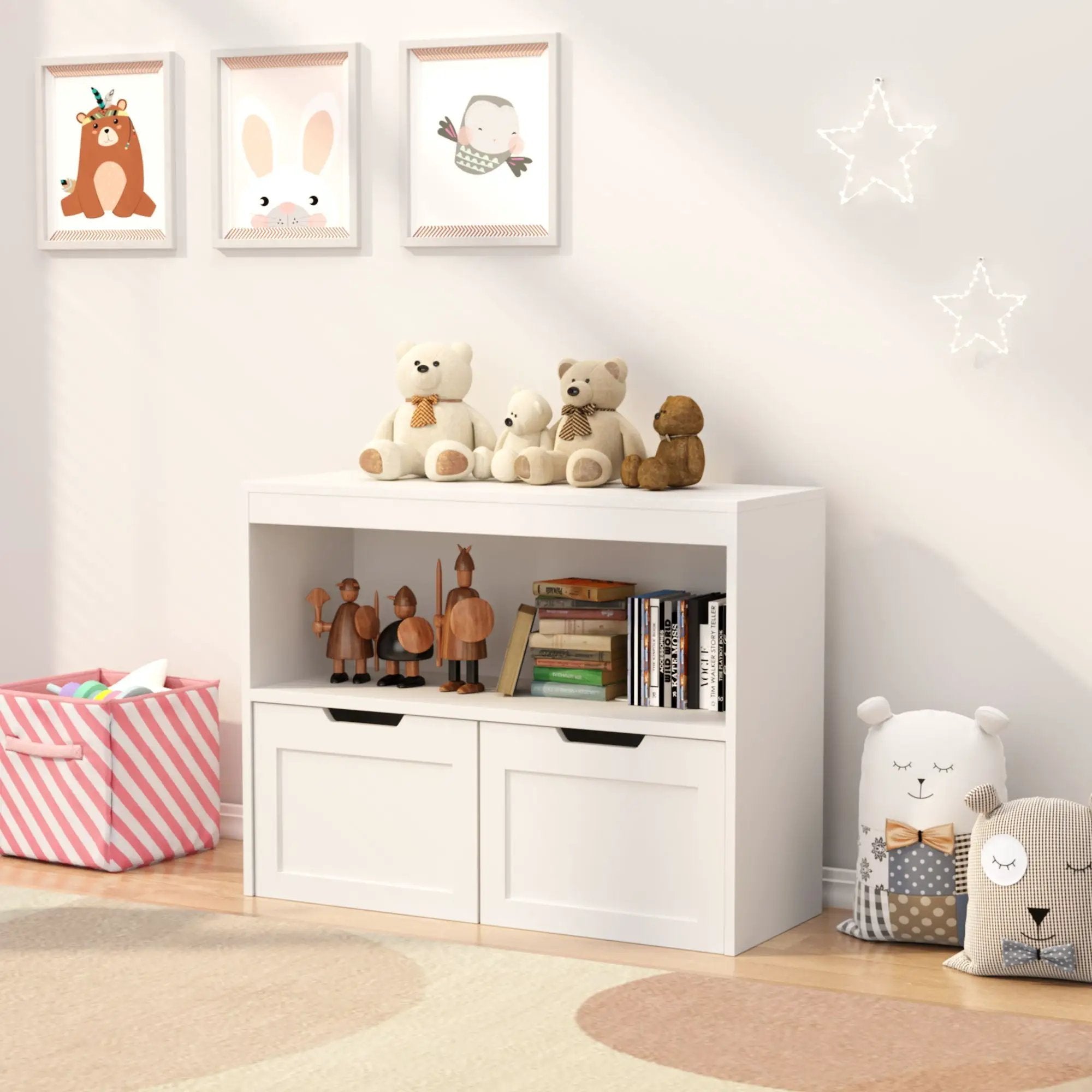 Book Organizer With Large Drawers And Open Shelves, Toy Storage Cabinet With Removable Wheels And Rounded Edges - White by Unique Piece Furniture
