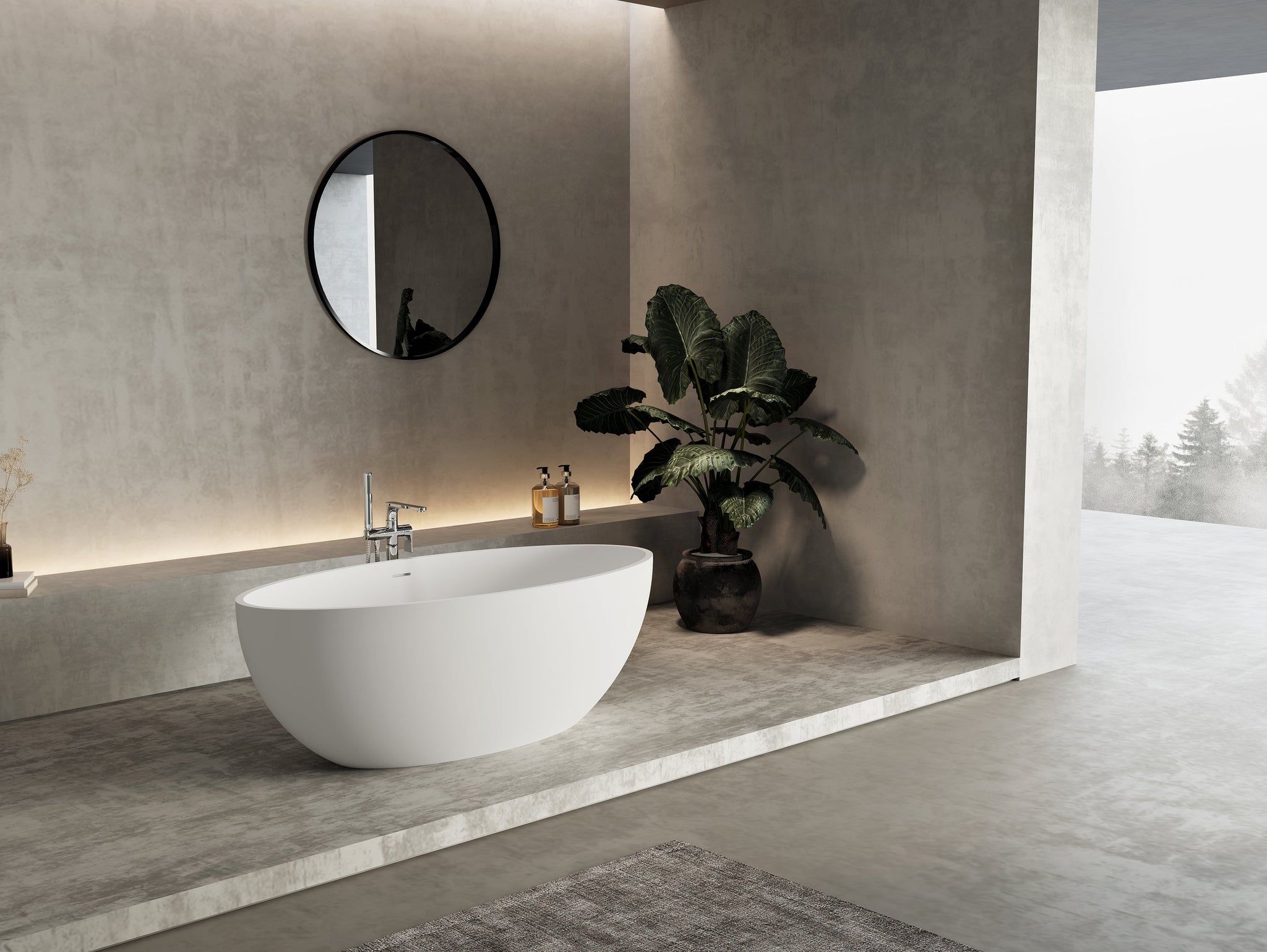 67 in. x 31 in. Oval Freestanding Solid Surface Soaking Bathtub with Center Drain in Matte by HouseOfZazla