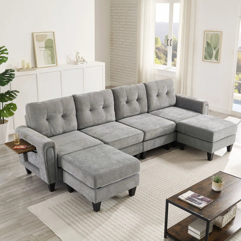 Modular Sectional Sofa With Movable Ottomans, USB Ports & Side Tables by HouseOfZazla