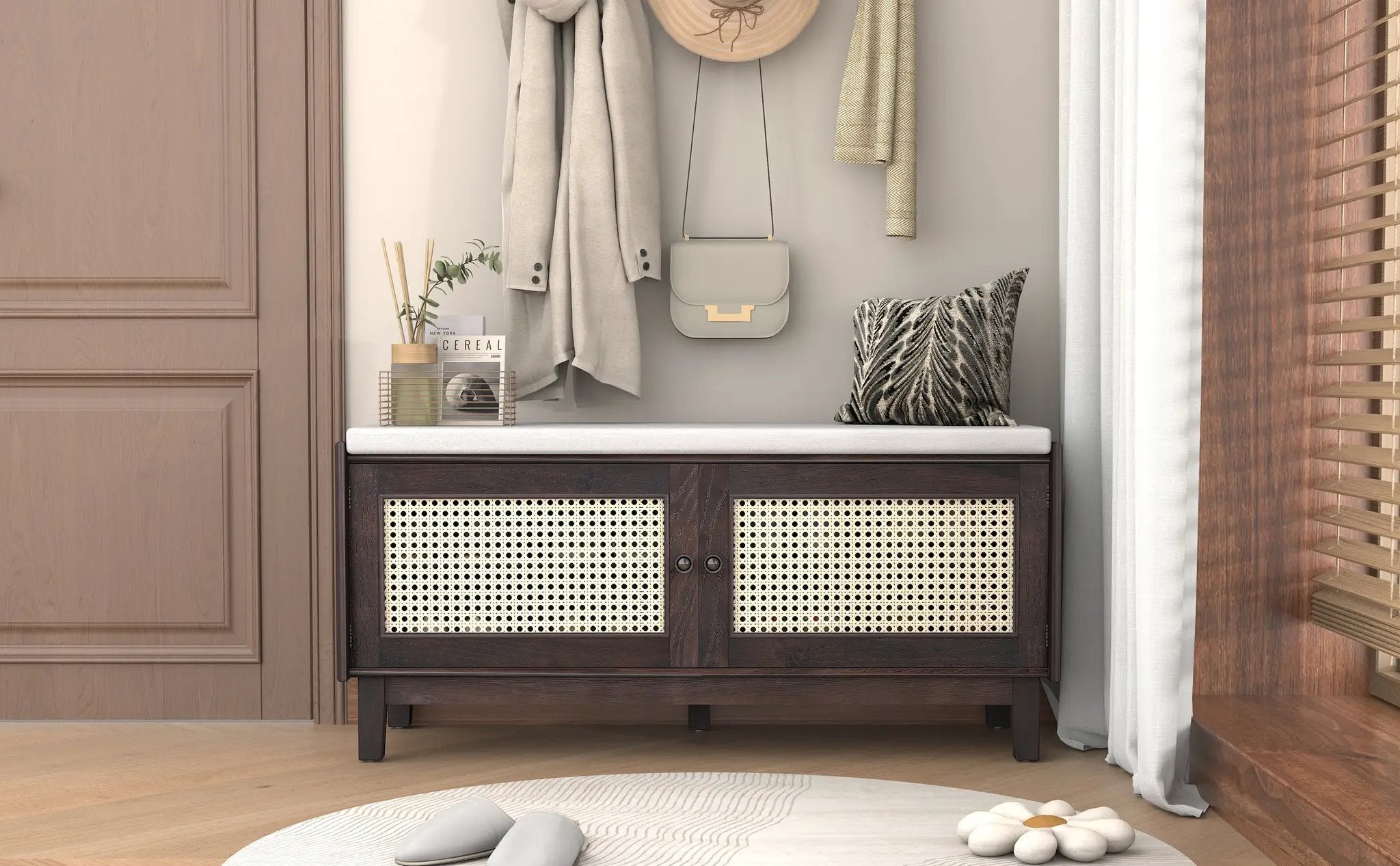 TREXM Boho Rattan Entryway Bench with Storage by HouseOfZazla
