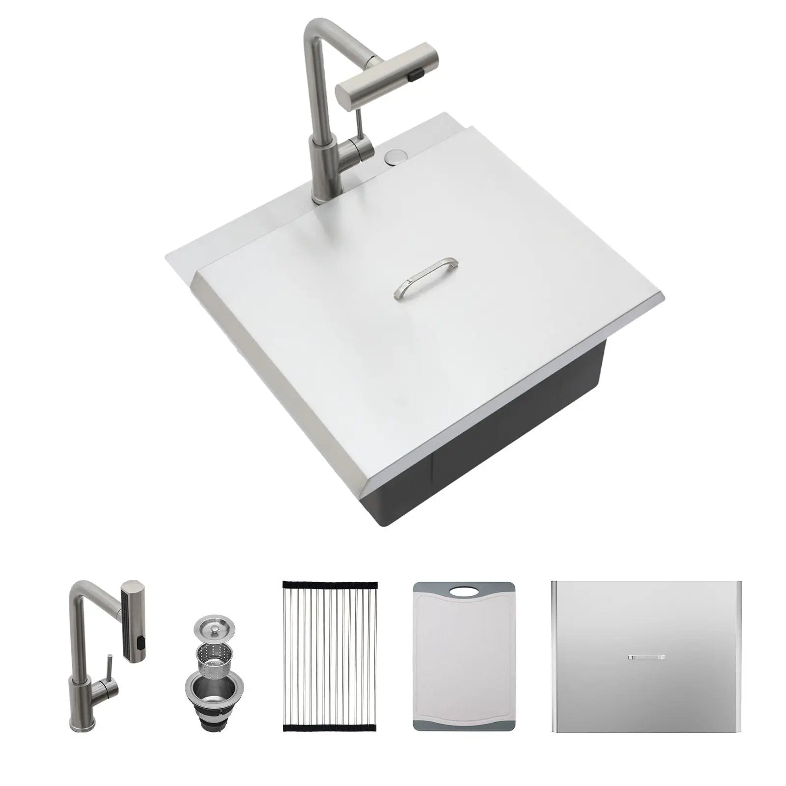21" Drop In Kitchen Sink With Pull Out Faucet And Sink Cover, 16 Gauge - Brushed Nickel by HouseOfZazla