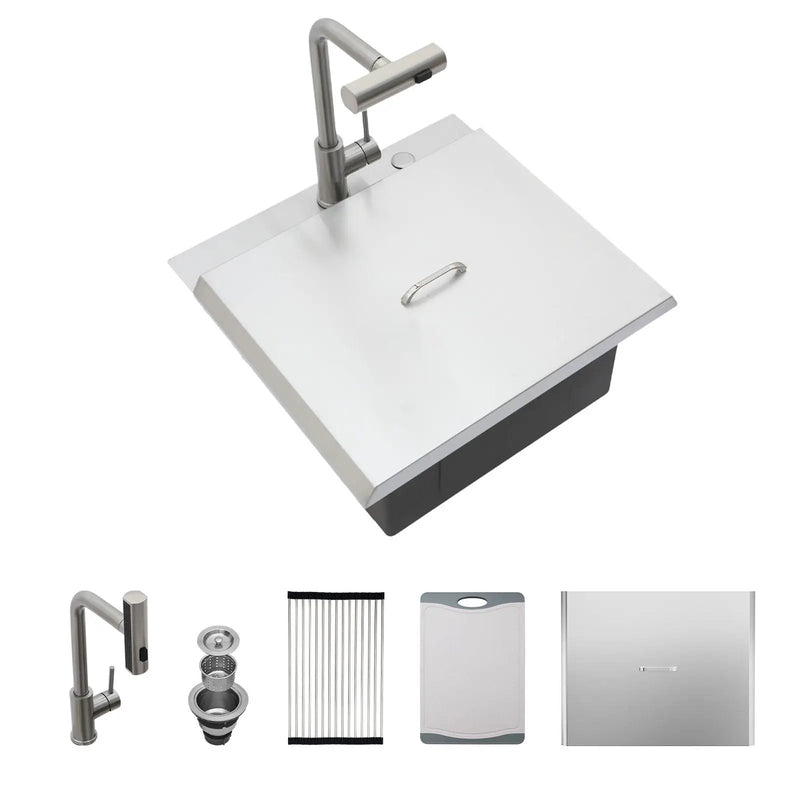 21" Drop In Kitchen Sink With Pull Out Faucet And Sink Cover, 16 Gauge - Brushed Nickel by HouseOfZazla