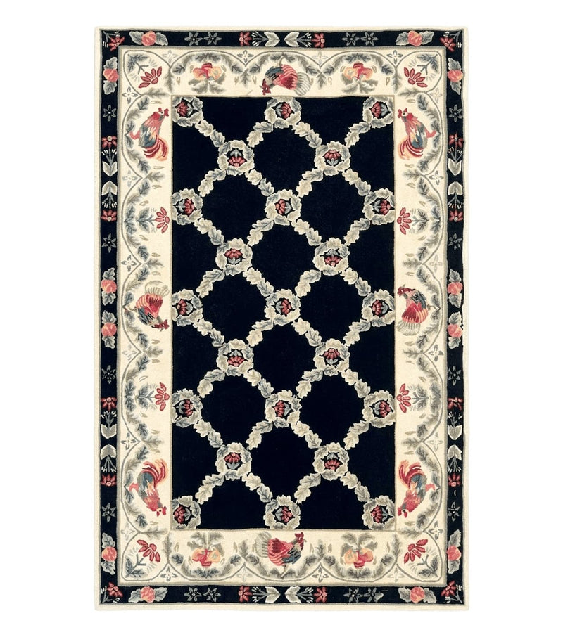 Hooked Rug 5x8, European Aubusson Pattern, Black and Ivory, Roses & Roosters, Vintage Wool Rug by Jewel Rugs