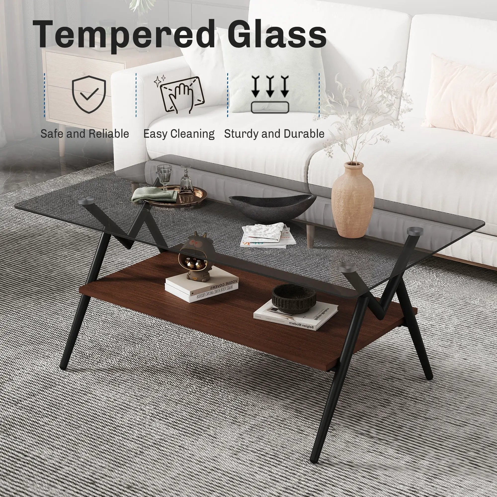 Rectangle Coffee Table With Tempered Glass Top And Shelf, Modern Table For Living Room by HouseOfZazla