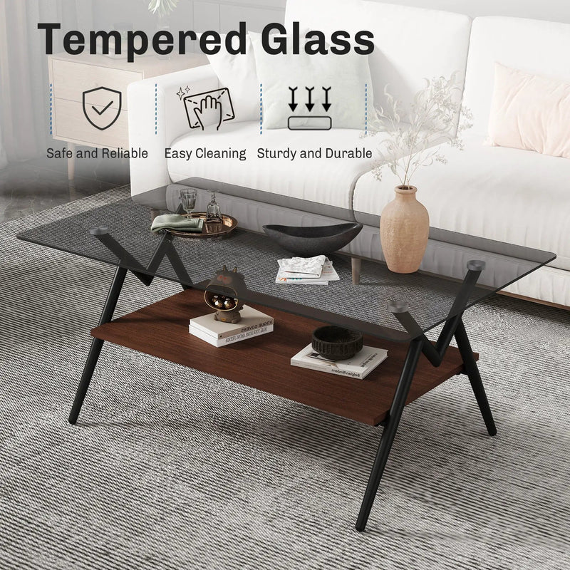Rectangle Coffee Table With Tempered Glass Top And Shelf, Modern Table For Living Room by HouseOfZazla