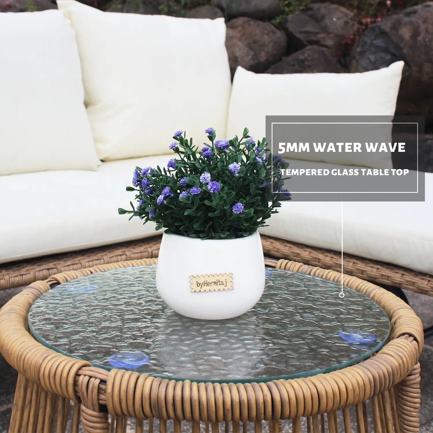 6PCS Outdoor Patio Balcony Natural Color Wicker Sofa Chair Set with Beige Cushion,Round Tempered Glass Table by HouseOfZazla
