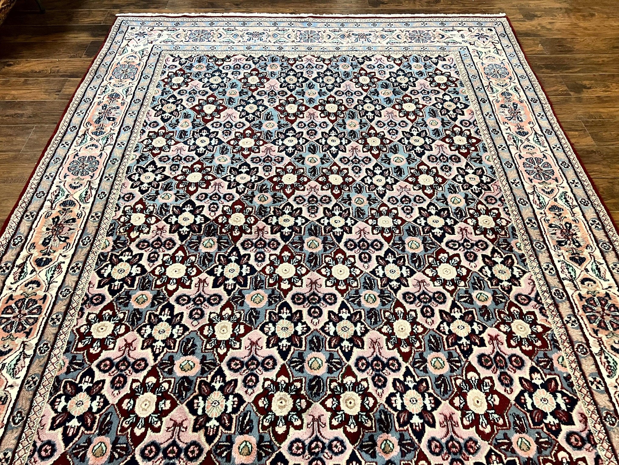Indo Persian Rug 8x10, Repeated Allover Pattern, Navy Blue Ivory, Handmade Vintage Wool Carpet by Jewel Rugs