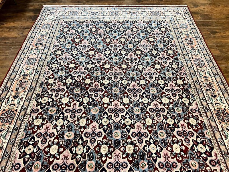 Indo Persian Rug 8x10, Repeated Allover Pattern, Navy Blue Ivory, Handmade Vintage Wool Carpet by Jewel Rugs
