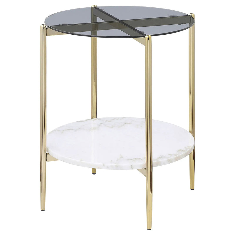 Jonelle Round Glass Top End Table White Marble Shelf Gold by Unique Piece Furniture