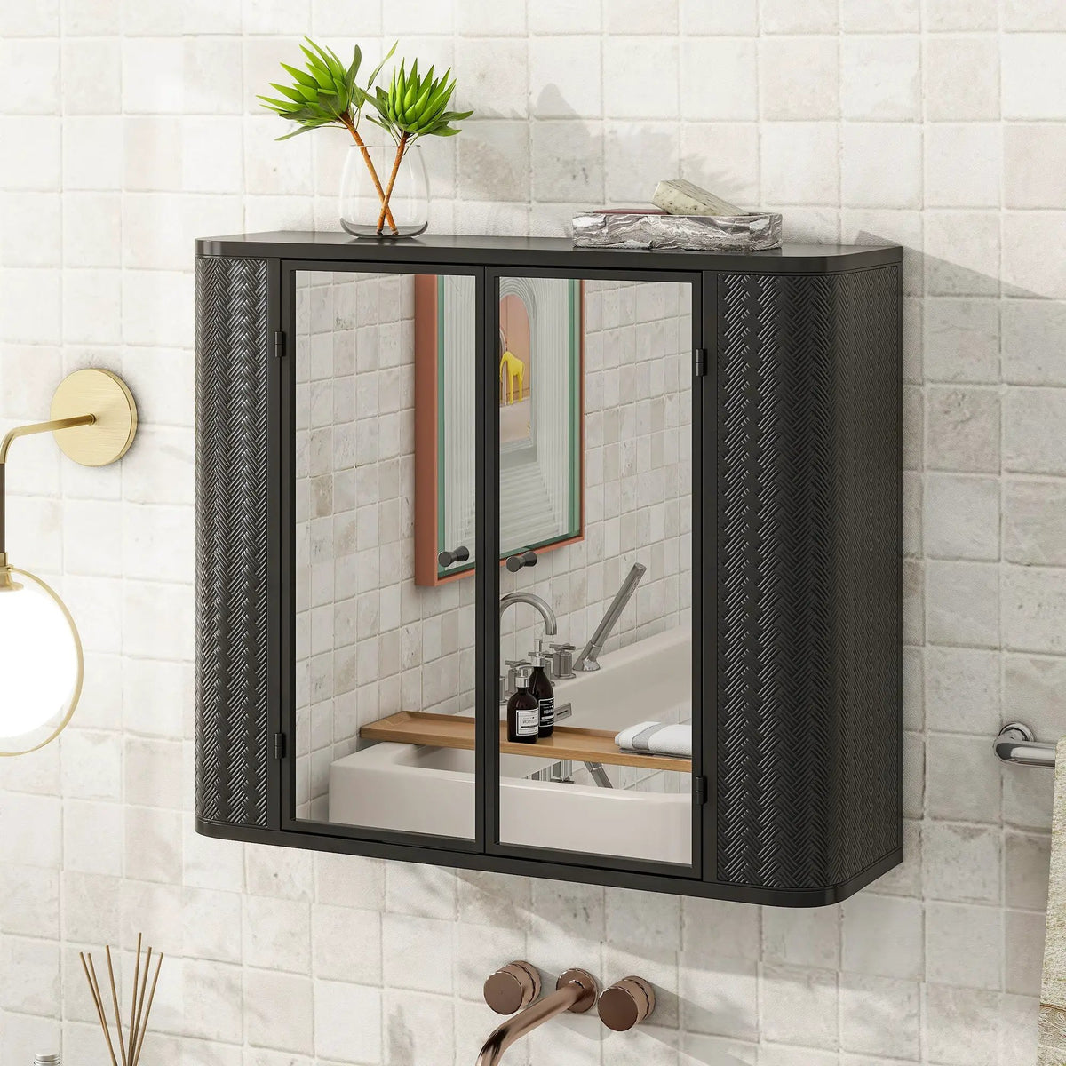 Black Wall-Mounted Bathroom Cabinet with Mirror, 2 Mirrored Doors & Open Shelf, photo 3 of 10