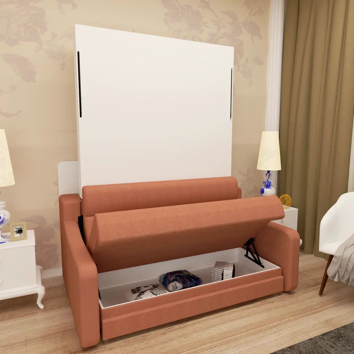 Morden Deisgn Vertical Murphy Bed With Sofa For Bedroom Or Guestroom White Wall Bed Space Saving Hidden Bed With New Style Gas Struts - Orange by HouseOfZazla