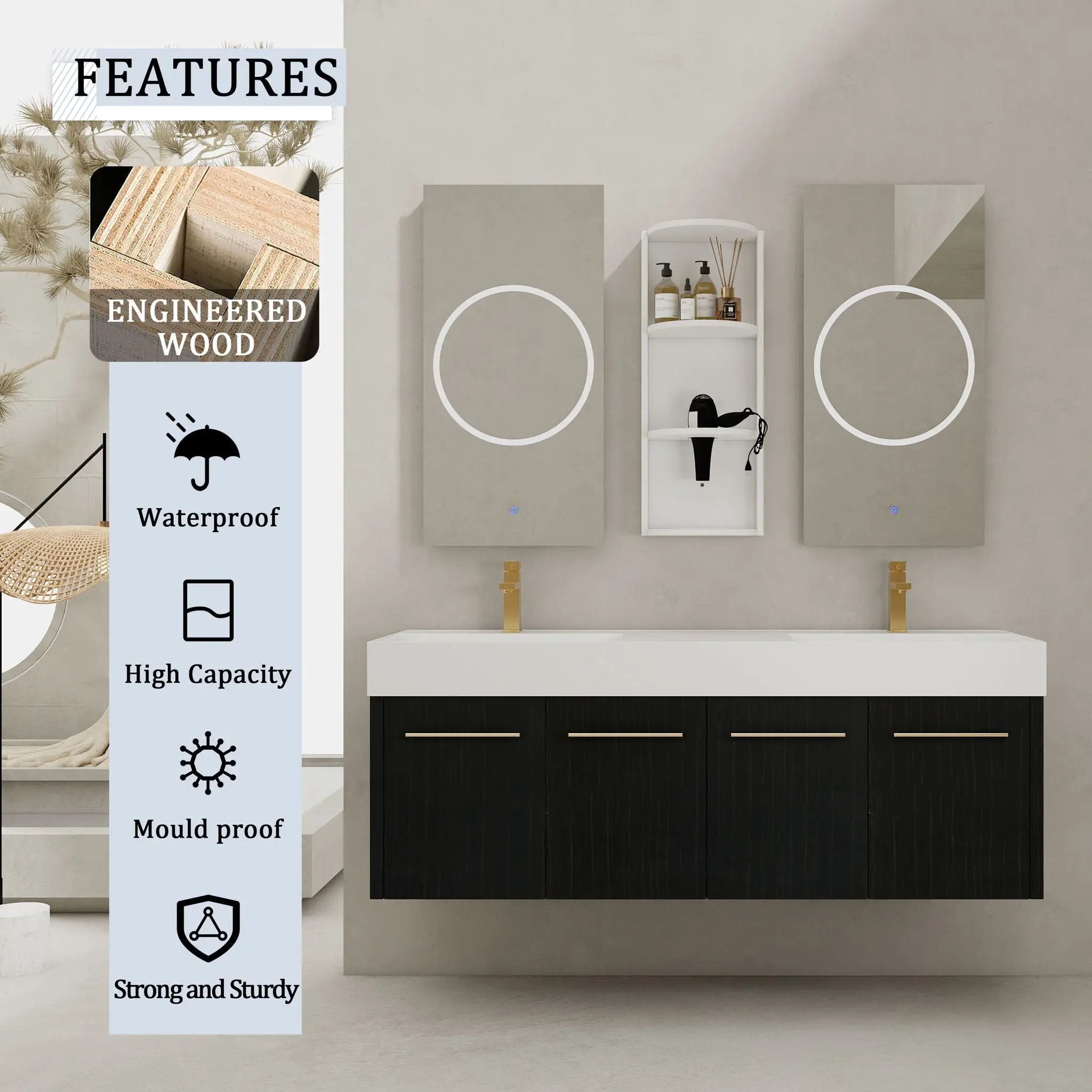 Modern Wall Mounted Bathroom Vanity With Resin Sink And Storage Rack by Unique Piece Furniture