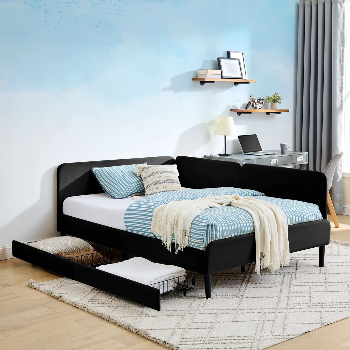 Upholstered Platform Bed Frame With 2 Storage Drawers And Adjustable Sofa Bed by Unique Piece Furniture