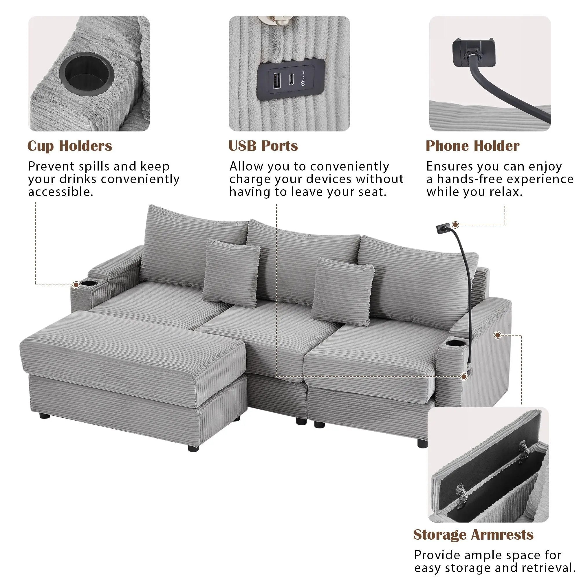 Modern Style Loveseat Sofa Sectional Sofa Couch With Storage Space, A Movable Ottoman, Two USB Ports, Two Cup Holders, A Phone Holder For Living Room by HouseOfZazla