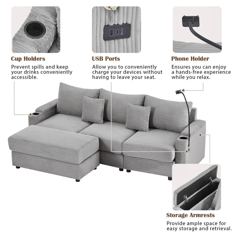 Modern Style Loveseat Sofa Sectional Sofa Couch With Storage Space, A Movable Ottoman, Two USB Ports, Two Cup Holders, A Phone Holder For Living Room by HouseOfZazla