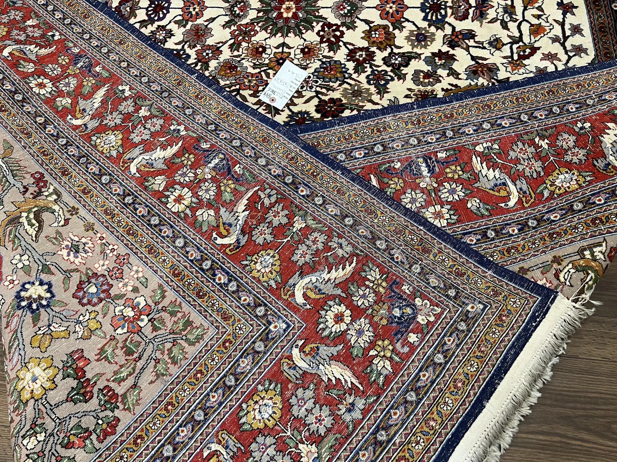Beautiful Sino Persian Rug 7x10, Circle of Life Tree of Life Rug, Birds, Cream Red Navy Blue Taupe, Wool Silk Accents, Hand Knotted Vintage by Jewel Rugs