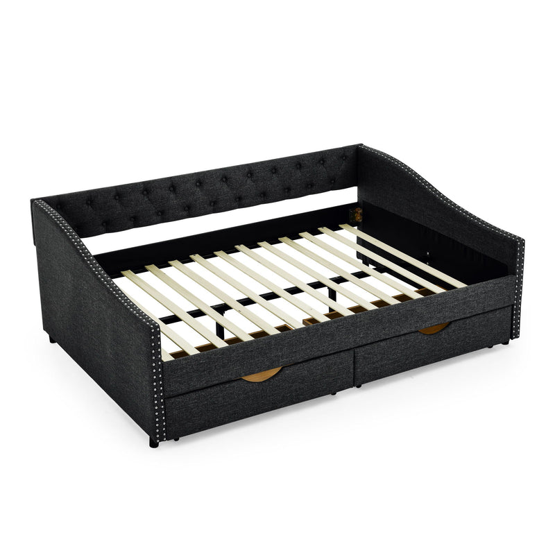 Upholstered Tufted Daybed With 2 Drawers, Waved Arms