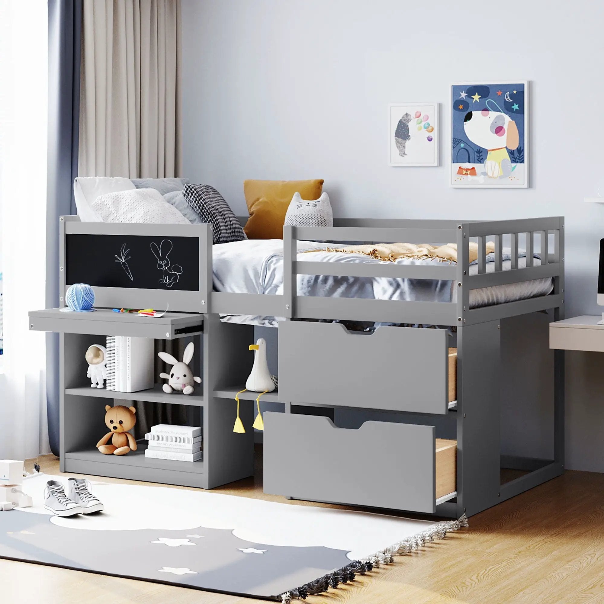 Low Loft Bed With Rolling Desk, Shelf And Drawers by HouseOfZazla