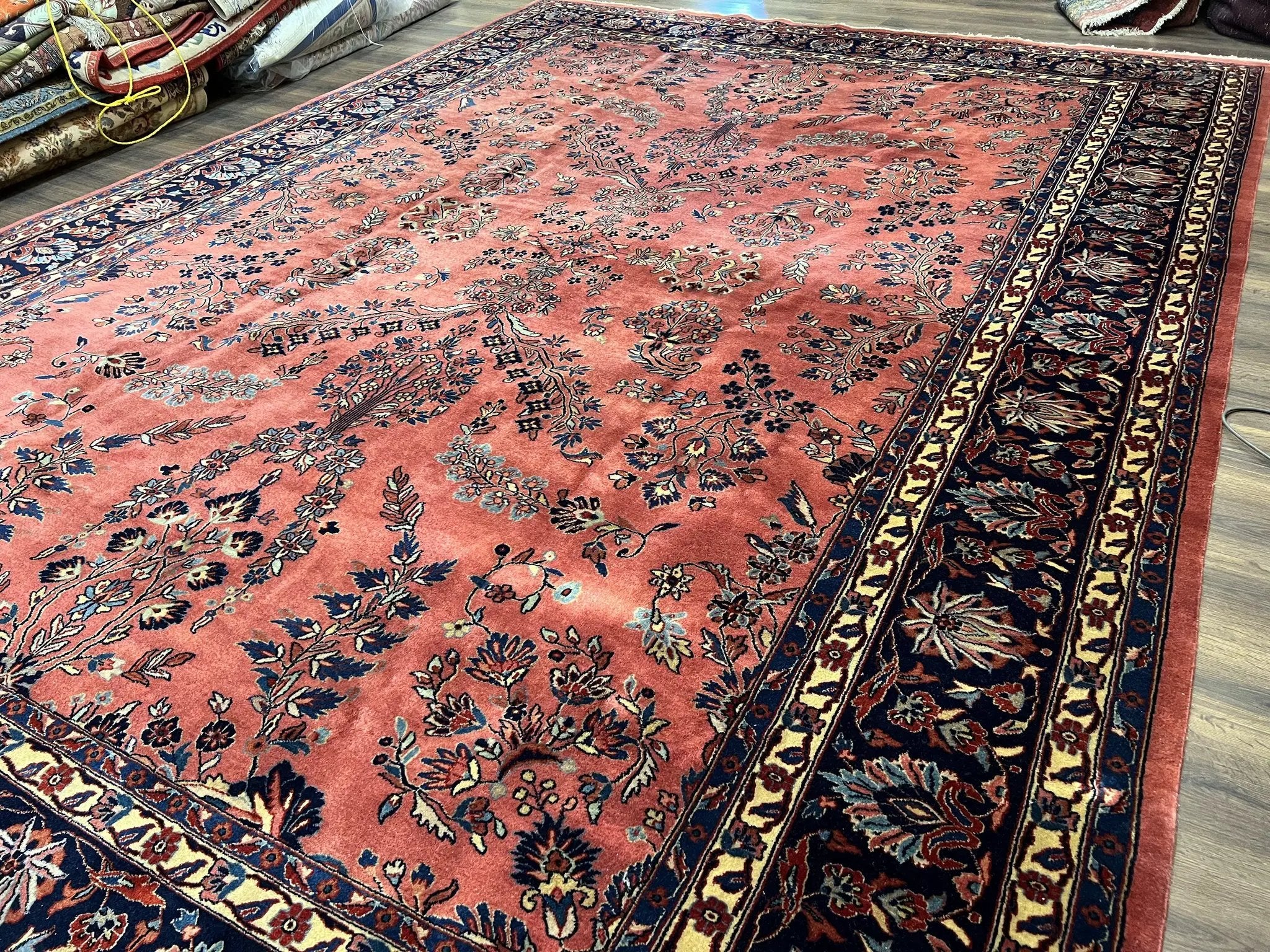 Indo Sarouk Rug 10x14, Vintage Indian Persian Area Rug 10 x 14, Wool Hand-Knotted Oriental Carpet, Red Floral Allover Large Rug, Beautiful by Jewel Rugs