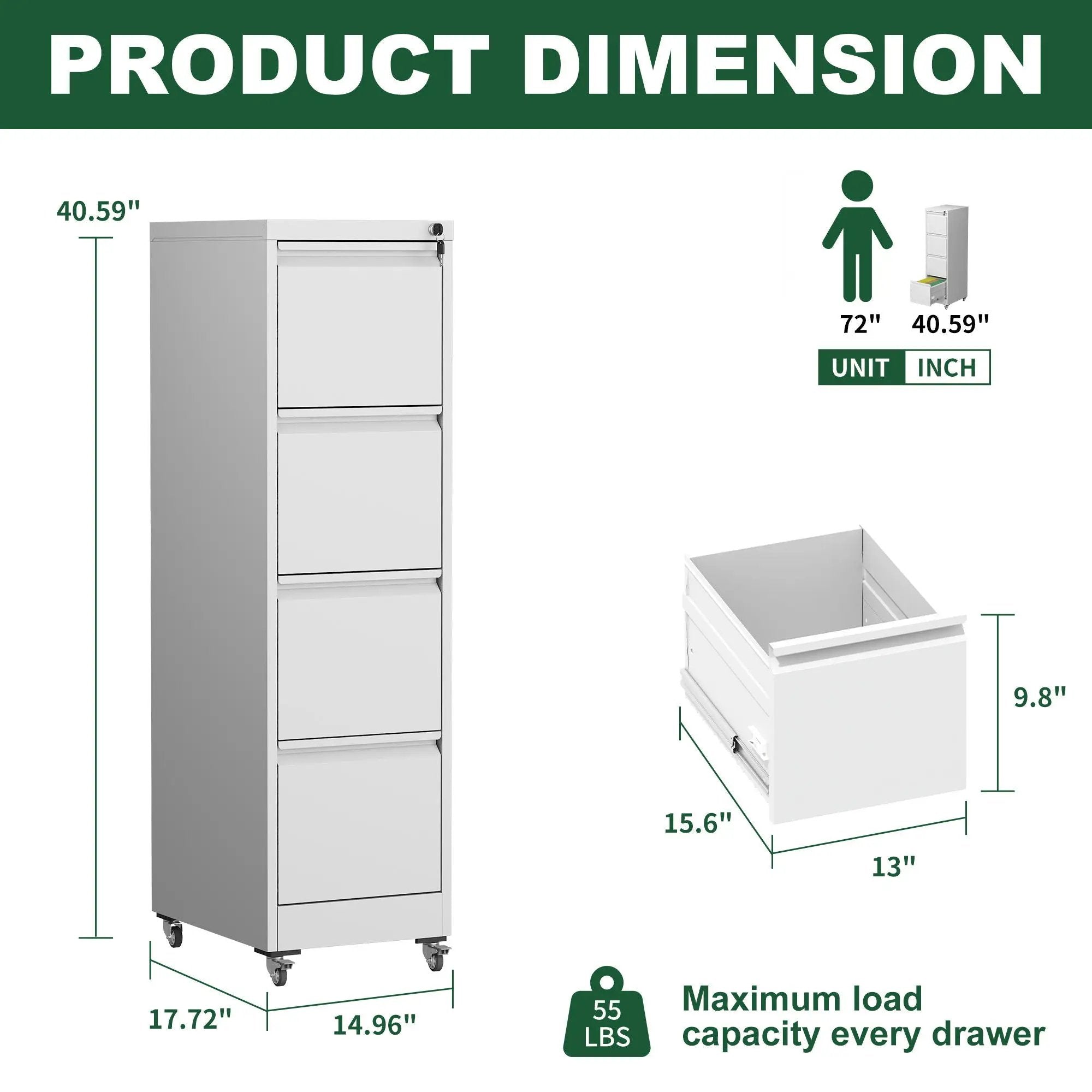 Drawer Metal Locking Vertical File Cabinet With Wheels Heavy Duty Lockable Storage by Unique Piece Furniture