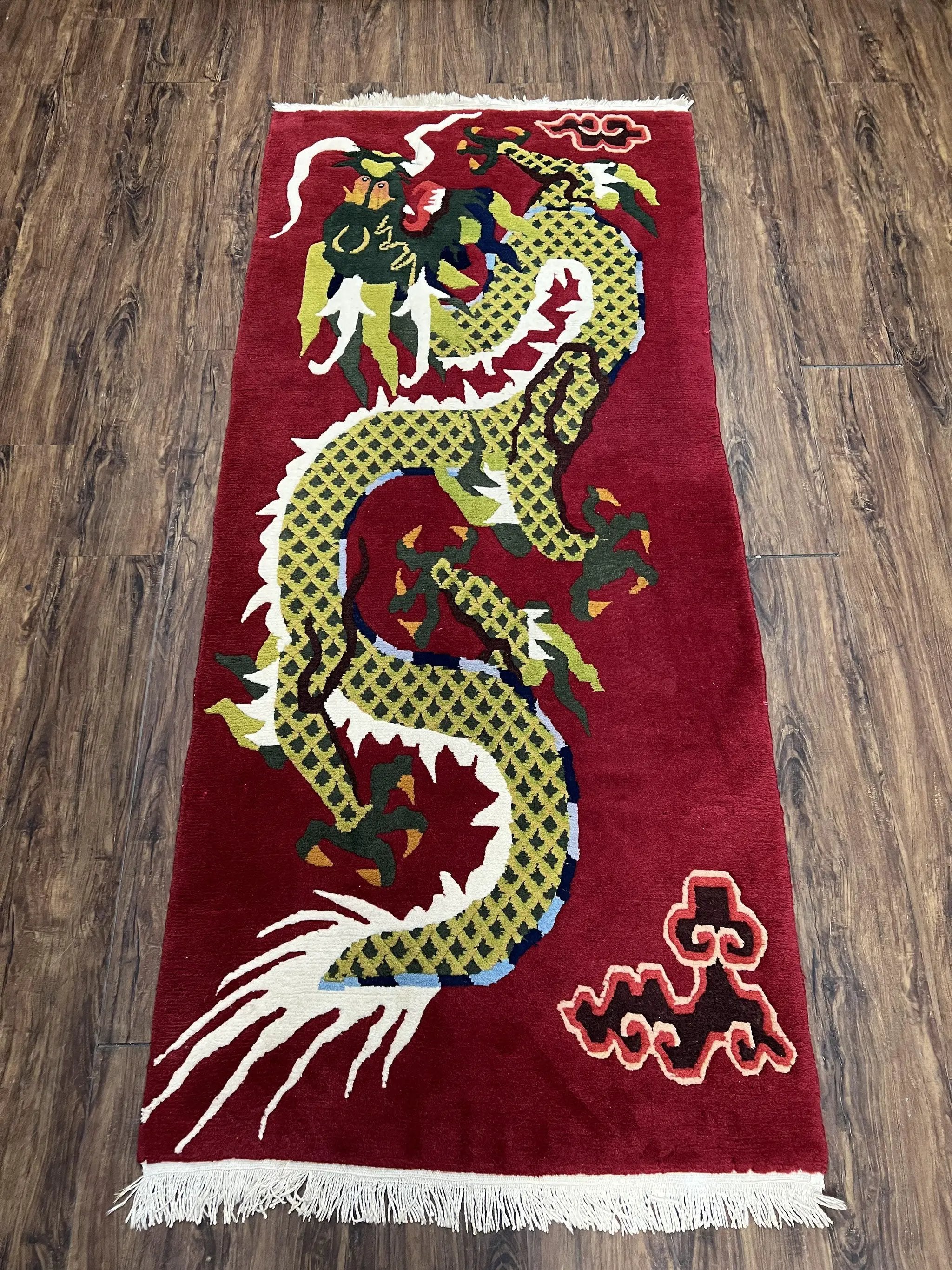 Vintage Chinese Dragon Rug 3 x 6.8, Handmade Hand Knotted Red Chinese Carpet with Gold Dragon, Art Deco Peking Soft Chinese Rug Runner by Jewel Rugs