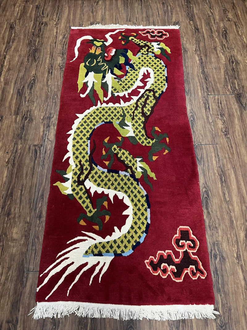 Vintage Chinese Dragon Rug 3 x 6.8, Handmade Hand Knotted Red Chinese Carpet with Gold Dragon, Art Deco Peking Soft Chinese Rug Runner by Jewel Rugs