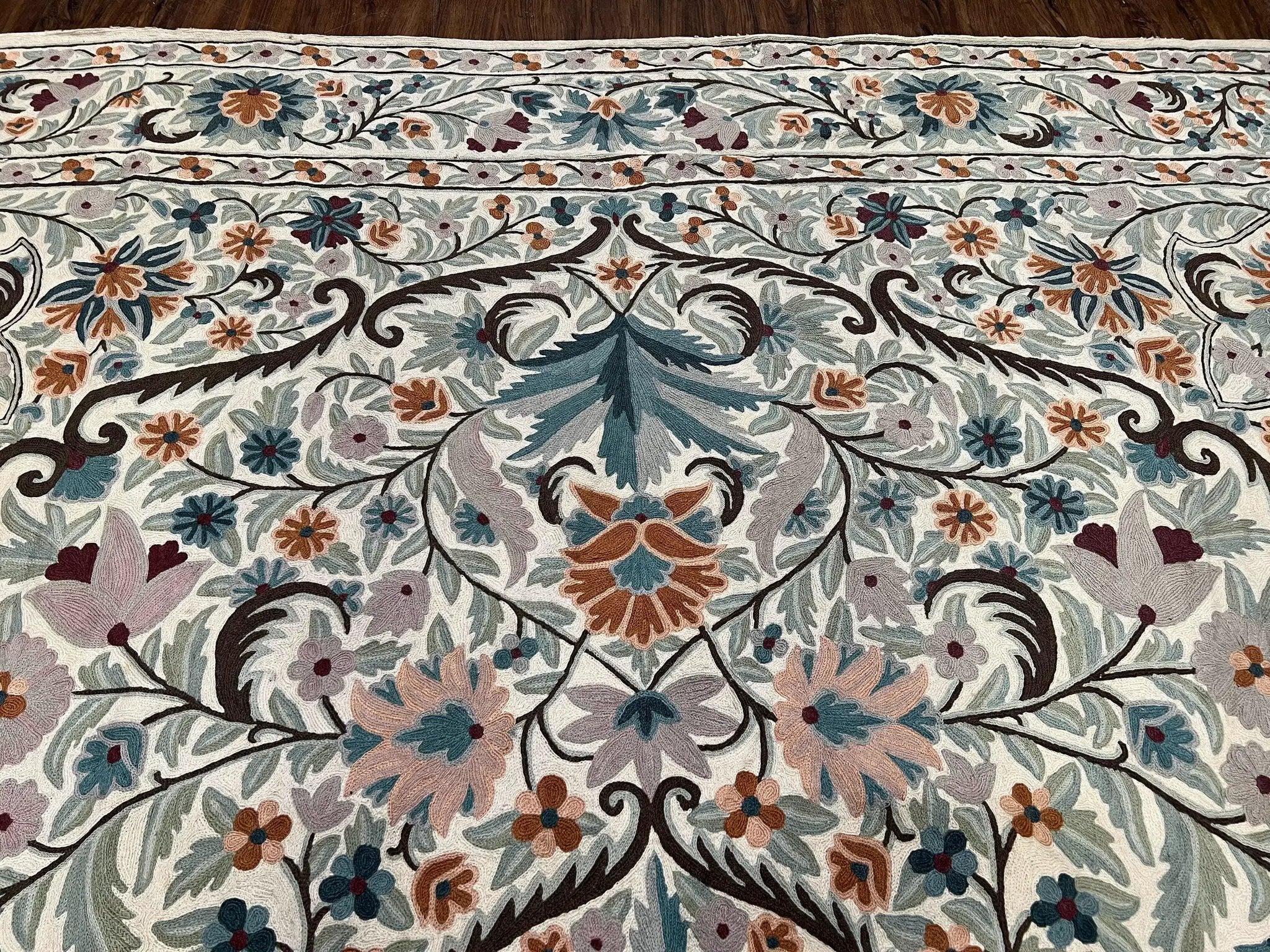 Chain Stitched Rug 9x12 Vintage Carpet 9 x 12 Flatweave Rug, Ivory Teal Rug, Area Rug 9 by 12, Hand Stitched Rug, Medallion, Indian Rug by Jewel Rugs